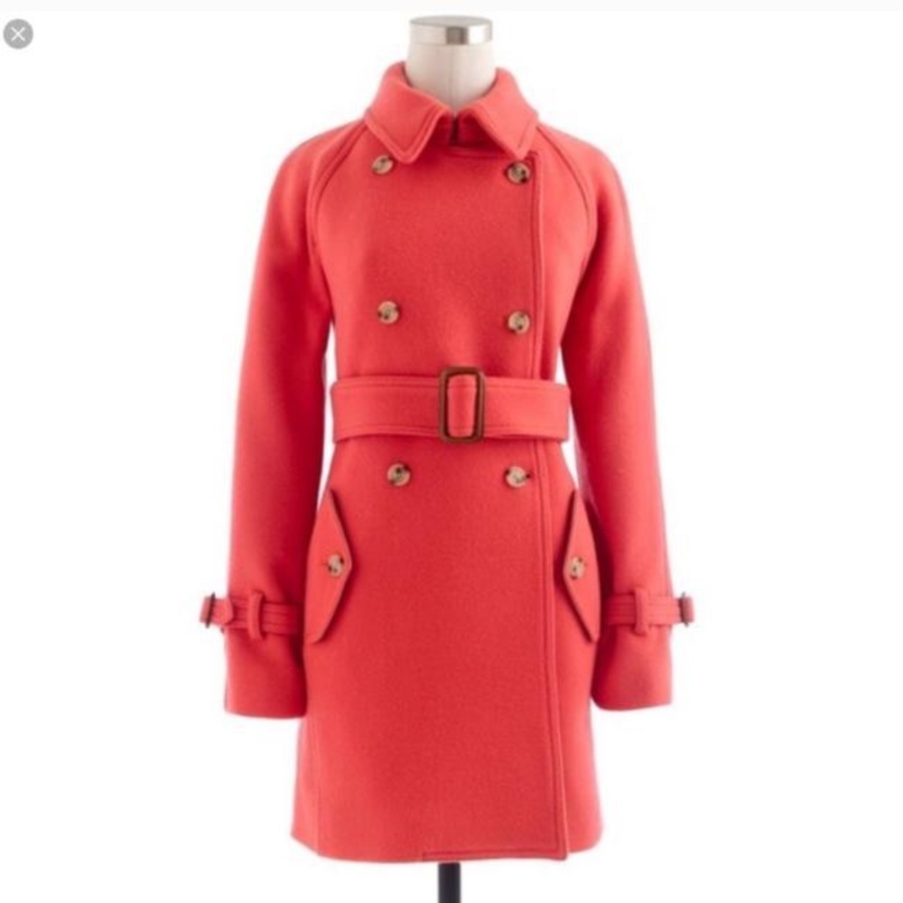 J Crew Trench Coat Stadium Cloth Orange Red Wool